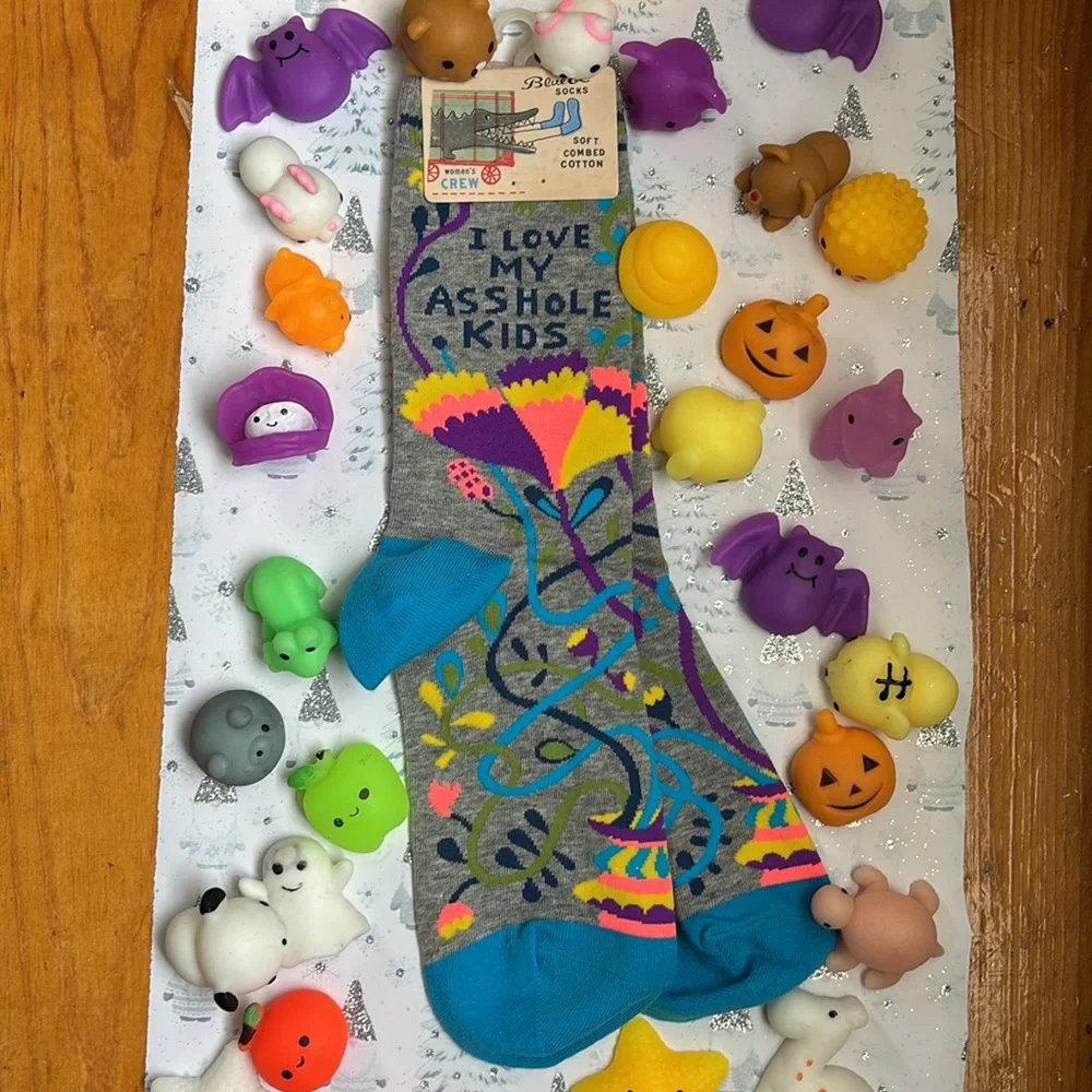 Blue Q women’s crew socks “I love my A$$hole kids” NWT + 30 squishies